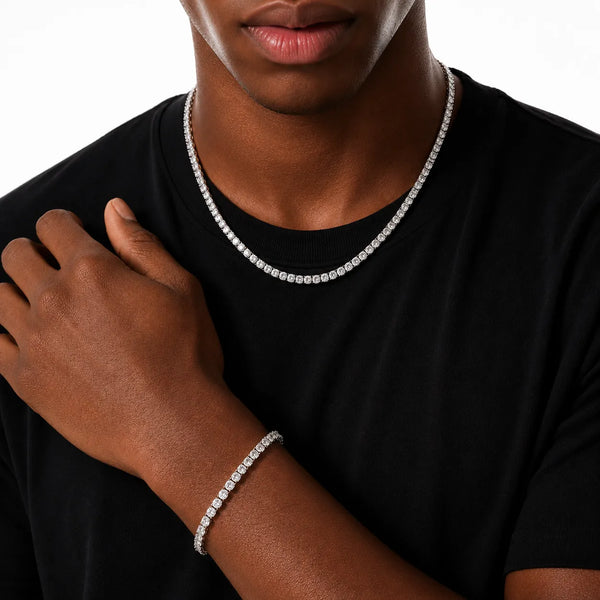 Men's 4mm silver tennis chain and bracelet set worn by model
