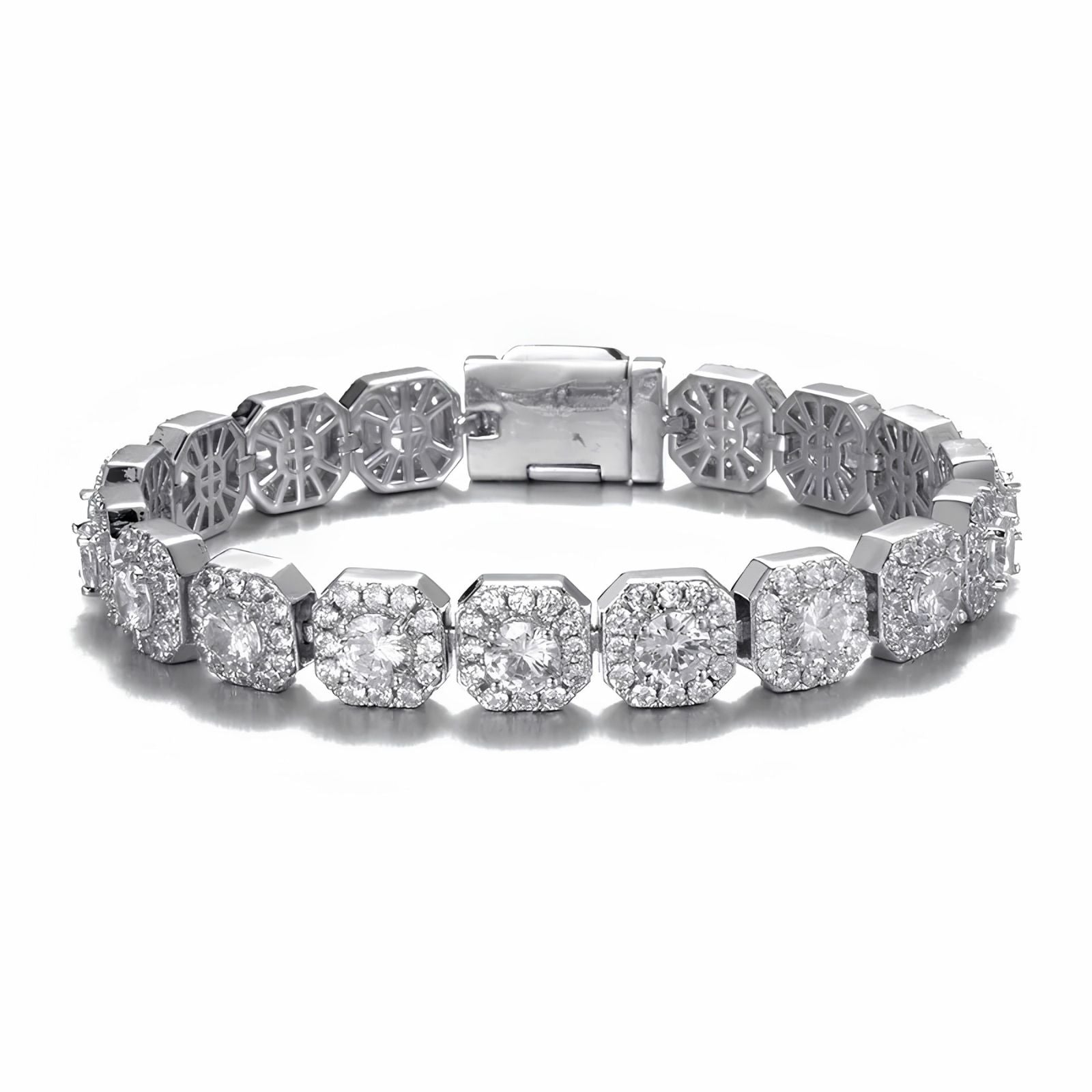 A silver-toned diamond bracelet featuring round and cushion-cut cubic zirconia in pavé settings, arranged in a continuous line with a clasp closure, shown on a white background.
