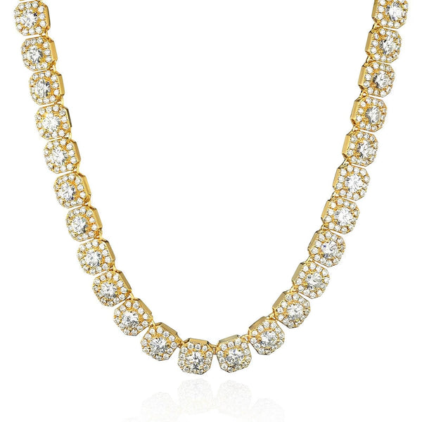 A gold tennis-style necklace featuring round-cut clear cubic zirconia in a pavé setting, arranged in a curved V-shape on a clean white background.