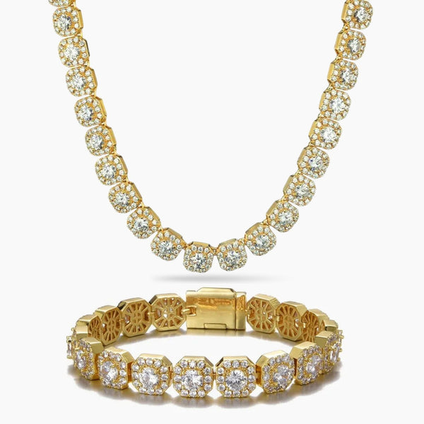 Gold necklace and bracelet set with Cubic Zirconia stones on a white background