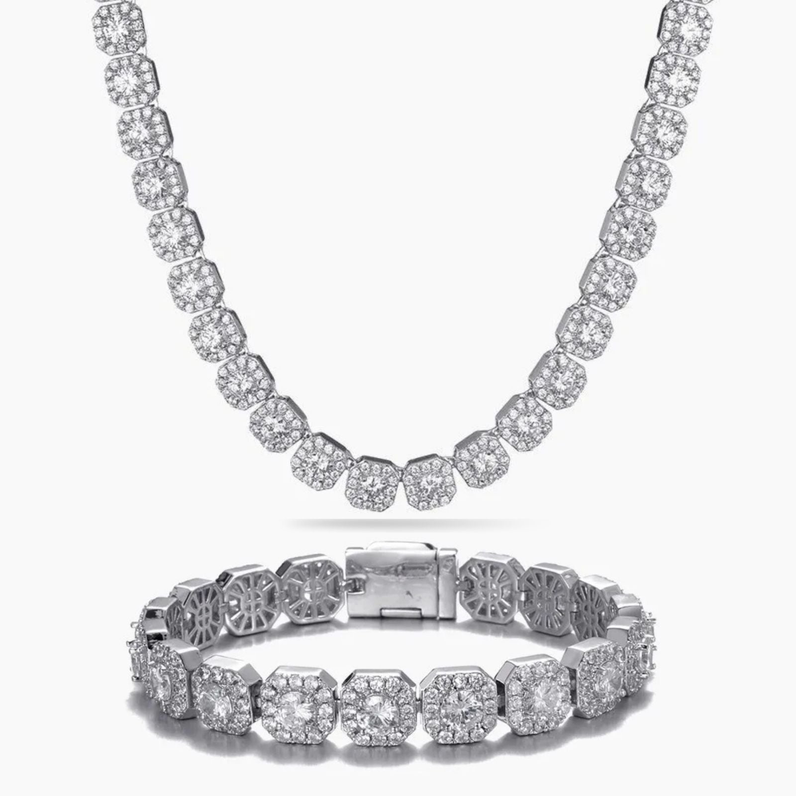 A silver-toned jewelry set featuring a matching necklace and bracelet, both adorned with round-cut clear cubic zirconia stones in a linked design, displayed on a clean white background.