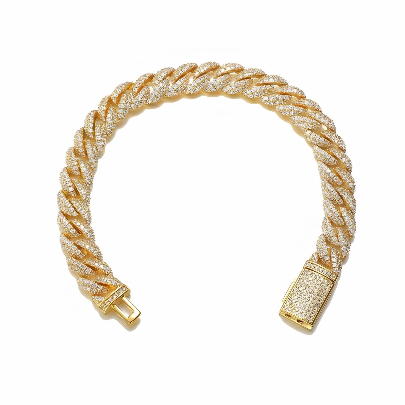 Gold bracelet with cubic zirconia stones on a white background