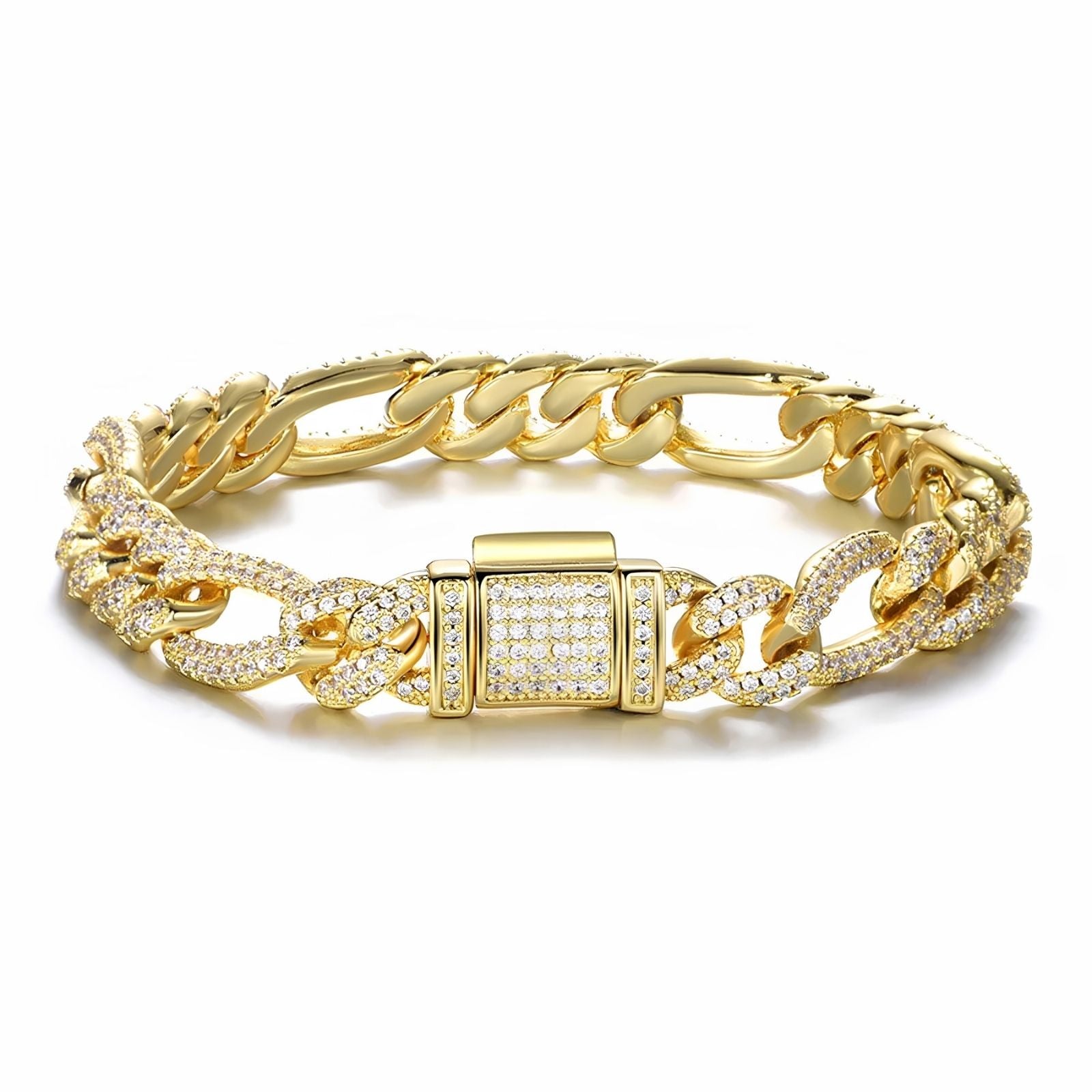 A gold-tone Cuban link chain bracelet adorned with pavé-set clear cubic zirconia stones, featuring a rectangular clasp, photographed on a clean white background.