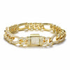 A gold-tone Cuban link chain bracelet adorned with pavé-set clear cubic zirconia stones, featuring a rectangular clasp, photographed on a clean white background.