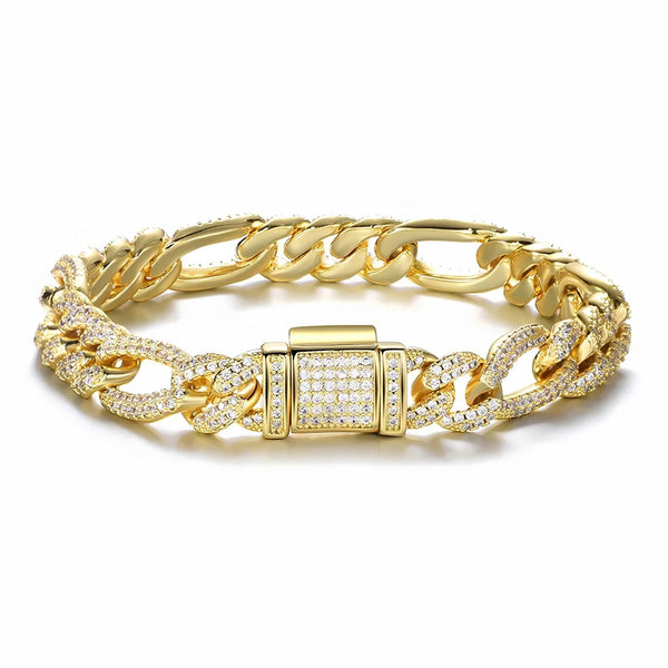 A gold-tone Cuban link chain bracelet adorned with pavé-set clear cubic zirconia stones, featuring a rectangular clasp, photographed on a clean white background.