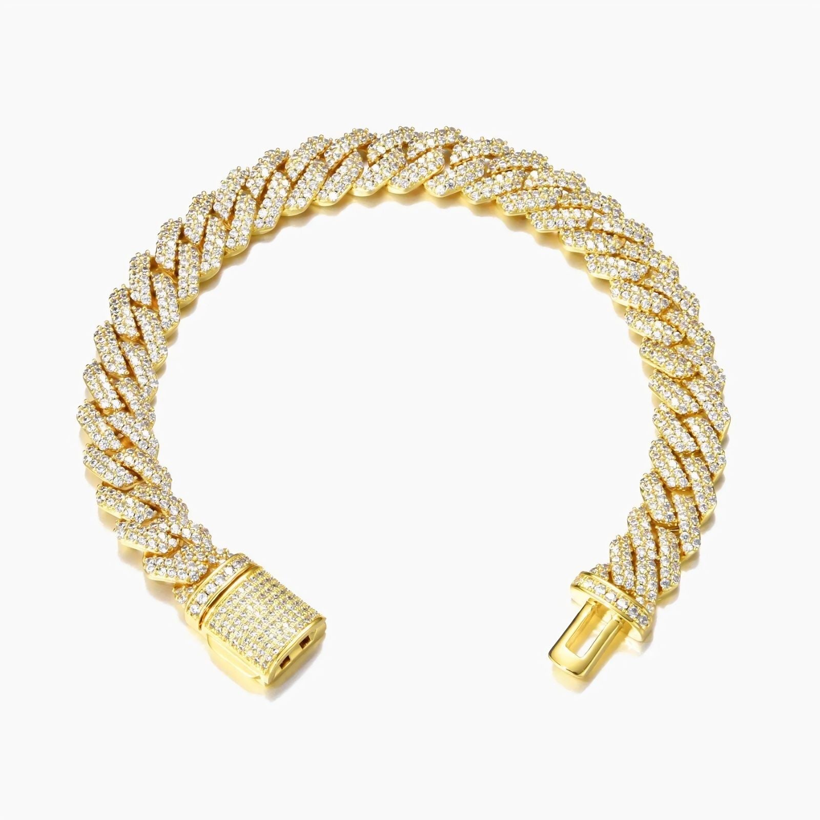 A gold-toned Cuban link chain bracelet paved with small clear stones, shown on a plain light gray background.