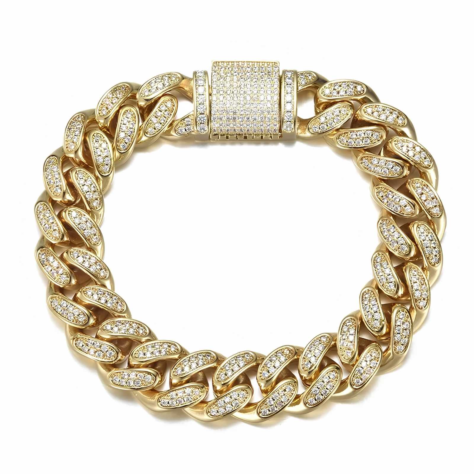 Gold chain bracelet with cubic zirconia stones on a white background