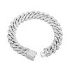 A silver-toned Cuban link bracelet paved with clear cubic zirconia stones, featuring a matching pavé clasp, displayed on a clean white background.