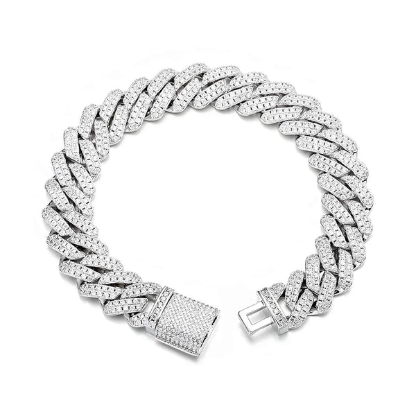 A silver-toned Cuban link bracelet paved with clear cubic zirconia stones, featuring a matching pavé clasp, displayed on a clean white background.