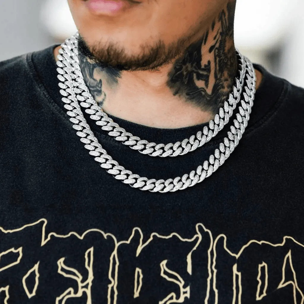 Model wearing 12mm silver iced Cuban link chain