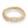 A gold-toned Cuban link chain bracelet paved with clear cubic zirconia stones, featuring a matching pavé clasp, shown on a clean white background.