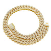 A thick gold Cuban link chain bracelet covered in small clear stones, shown on a plain white background. The bracelet has a matching gold clasp with a row of stones.