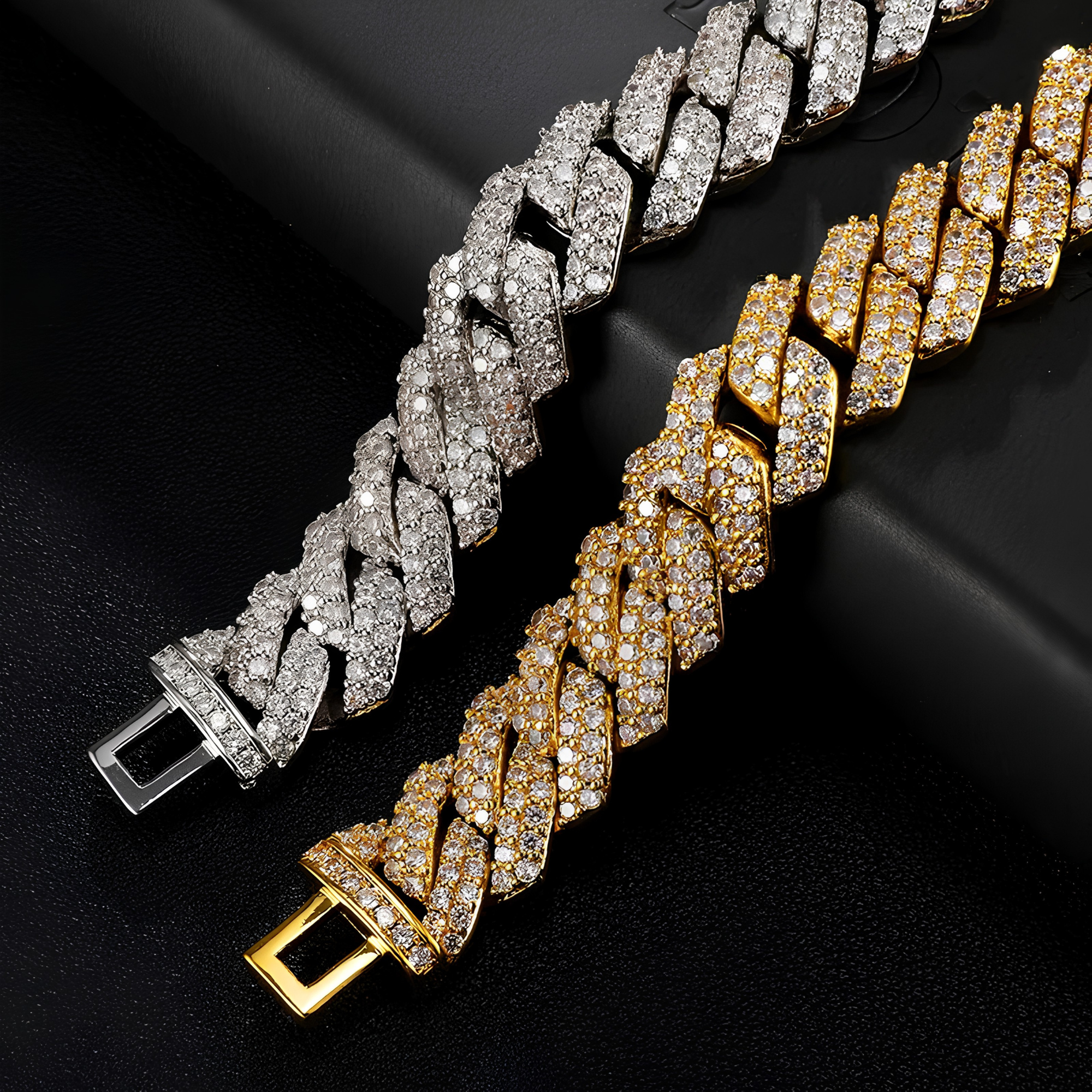 Gold and silver iced prong Cuban bracelets displayed together