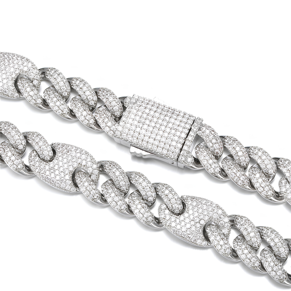 Angled view of 18mm iced silver puff Cuban chain
