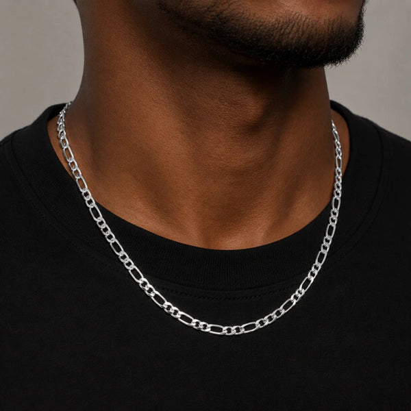 Silver chain necklace on a person wearing a black shirt against a neutral background