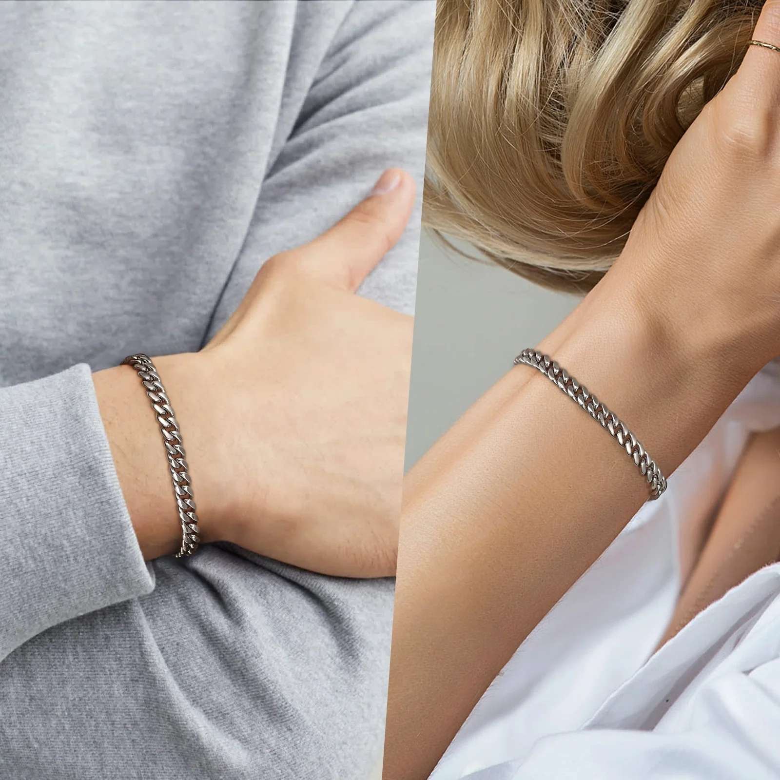 A close-up split view showing a silver-toned chain bracelet worn on a person's wrist, with one side showing the bracelet on a gray long-sleeve top and the other on white clothing.