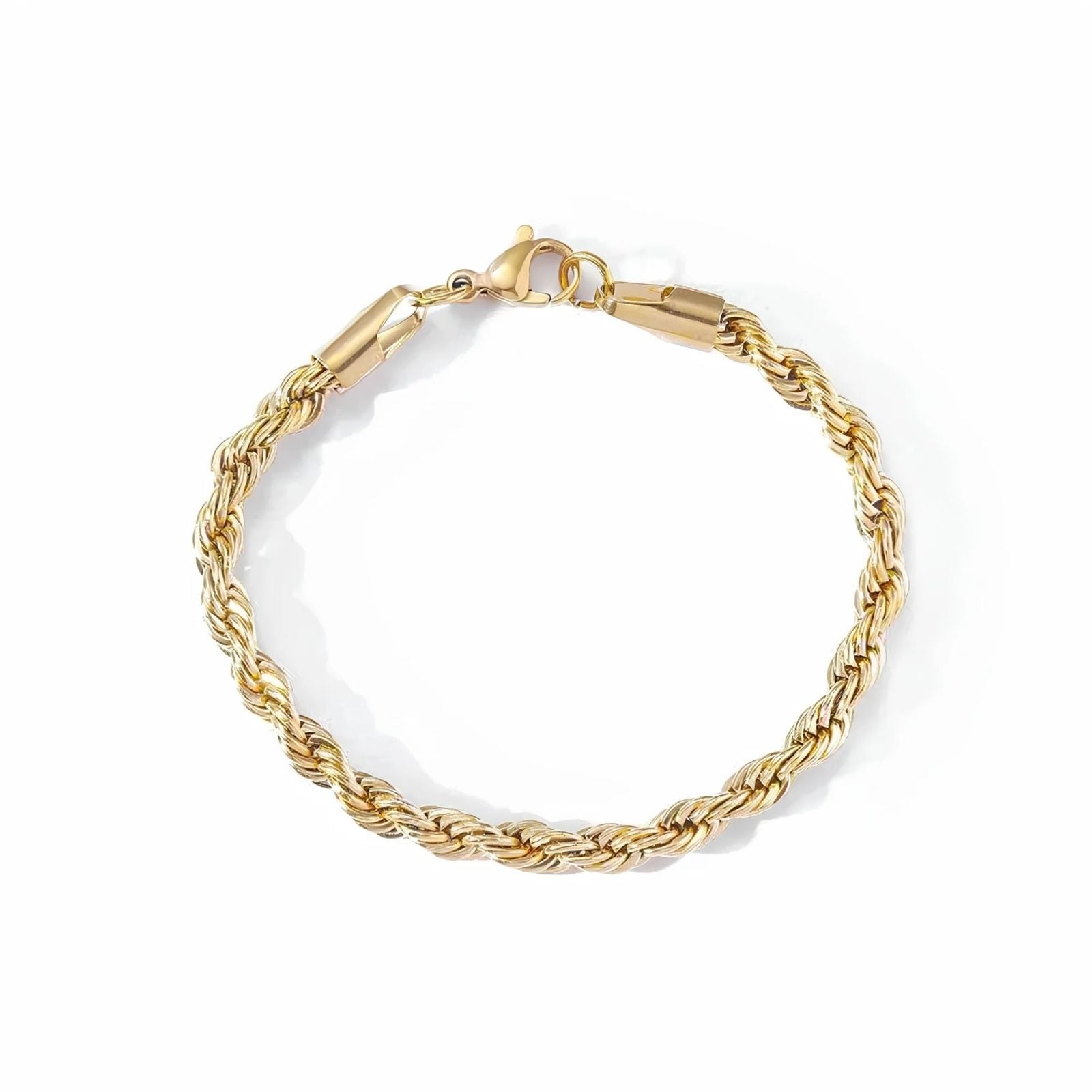 A gold-colored twisted rope chain bracelet with a lobster clasp, displayed on a clean white background.