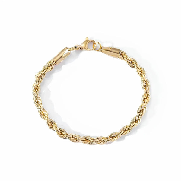 A gold-colored twisted rope chain bracelet with a lobster clasp, displayed on a clean white background.