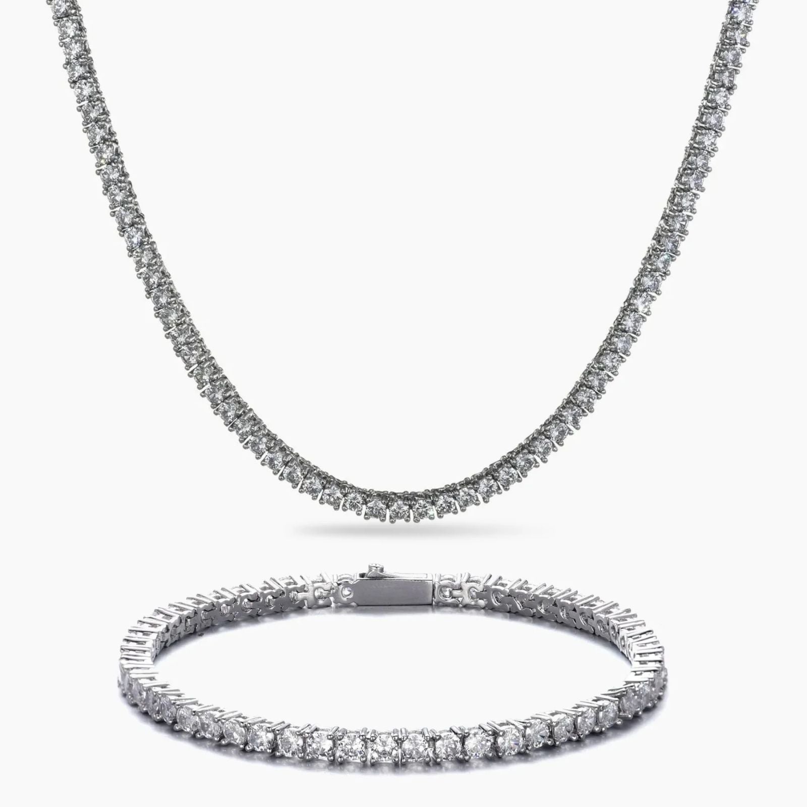 Cubic zirconia tennis necklace and bracelet set on a white background