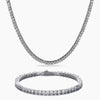 Cubic zirconia tennis necklace and bracelet set on a white background