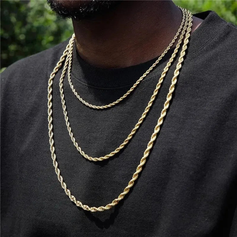 Model wearing 3mm gold rope chain necklace
