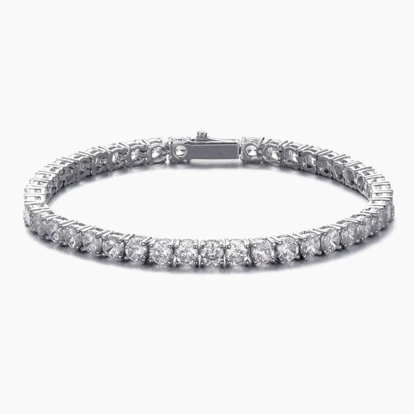 Silver tennis bracelet with clear cubic zirconia on a white background