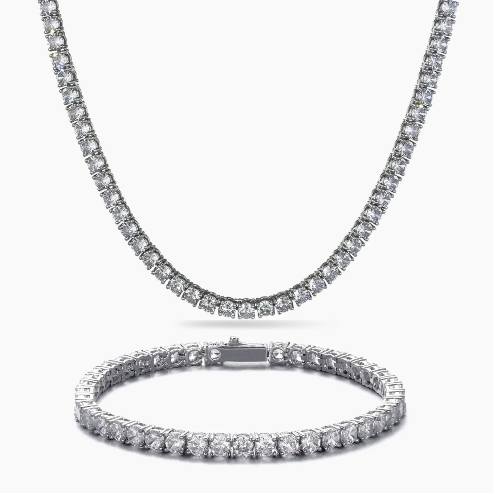 Cubic zirconia tennis necklace and bracelet set on a white background