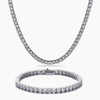 Cubic zirconia tennis necklace and bracelet set on a white background
