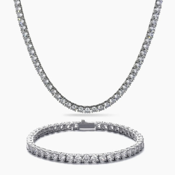 Cubic zirconia tennis necklace and bracelet set on a white background