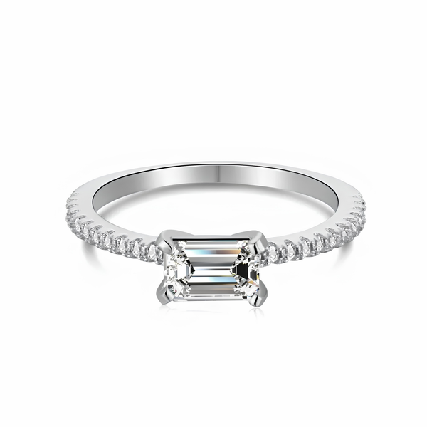 CLEAR EMERALD CUT SOLITAIRE RING - 925 STERLING SILVER