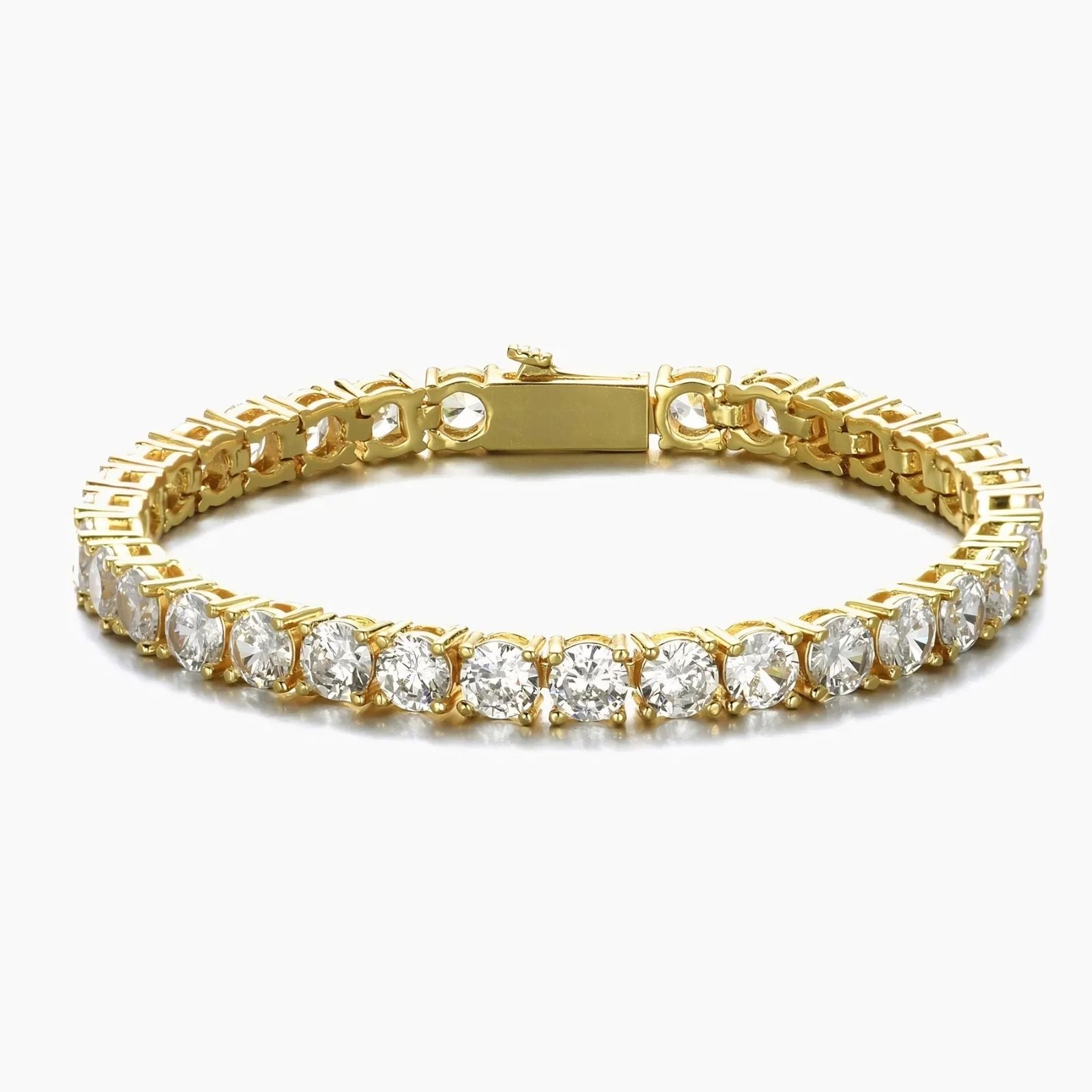 Gold tennis bracelet with clear cubic zirconia on a white background