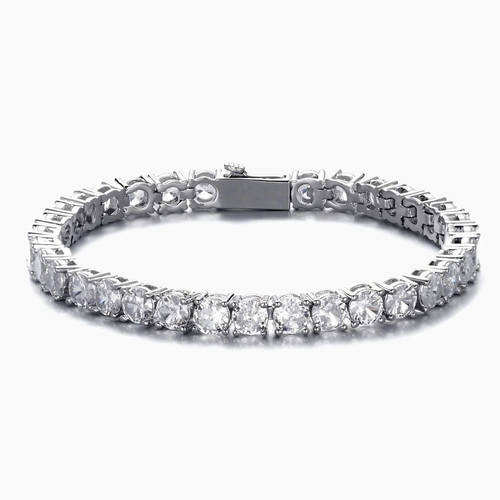 Silver tennis bracelet with clear cubic zirconia on a white background