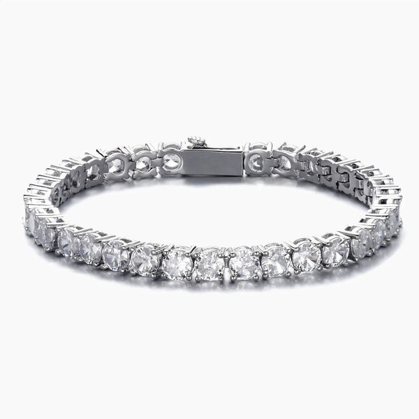 Silver tennis bracelet with clear cubic zirconia on a white background