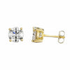 A pair of gold stud earrings, one shown from the front with a round brilliant-cut clear moissanite and the other from the side showing the post and butterfly back, on a plain white background.