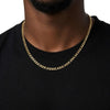A close-up of a man's neck and chest wearing a gold chain necklace over a black t-shirt, against a plain white background.