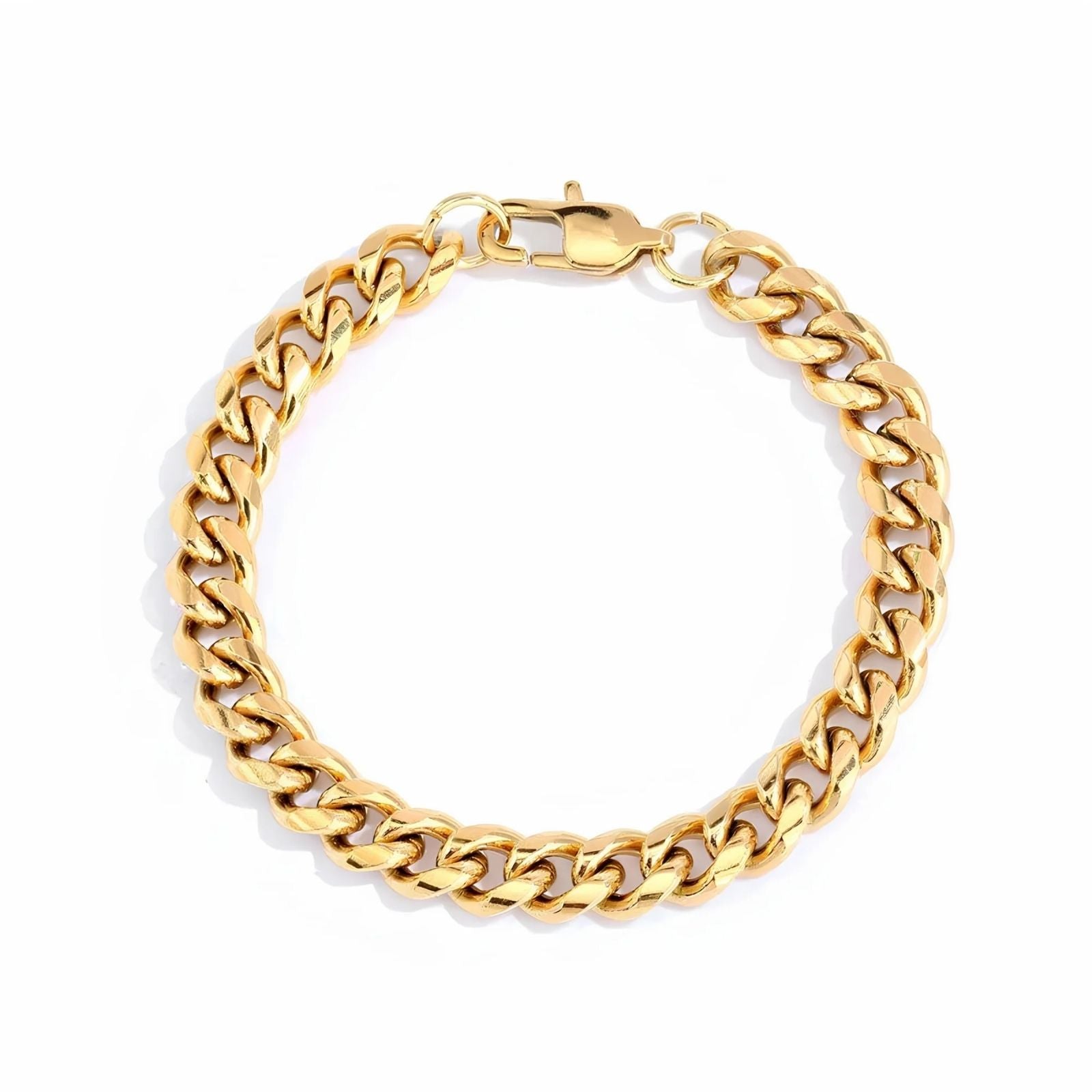 A gold-toned Cuban link chain bracelet with a lobster clasp, shown on a clean white background.