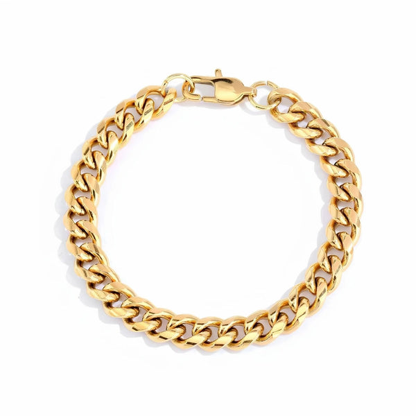 A gold-toned Cuban link chain bracelet with a lobster clasp, shown on a clean white background.