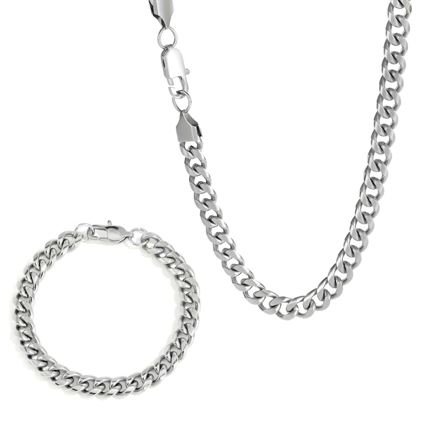 Silver chain necklace and bracelet set on a white background