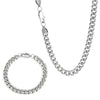 Silver chain necklace and bracelet set on a white background