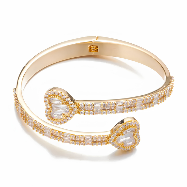 6mm iced baguette heart cuff bracelet in gold with cubic zirconia stones
