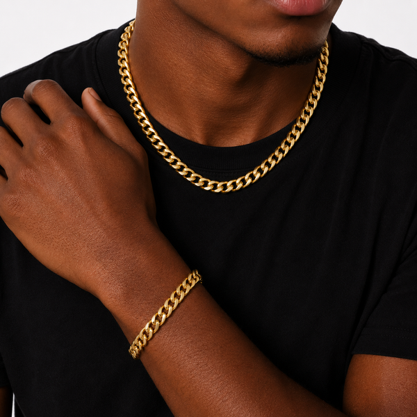 Model wearing 6mm gold Miami Cuban chain and bracelet set