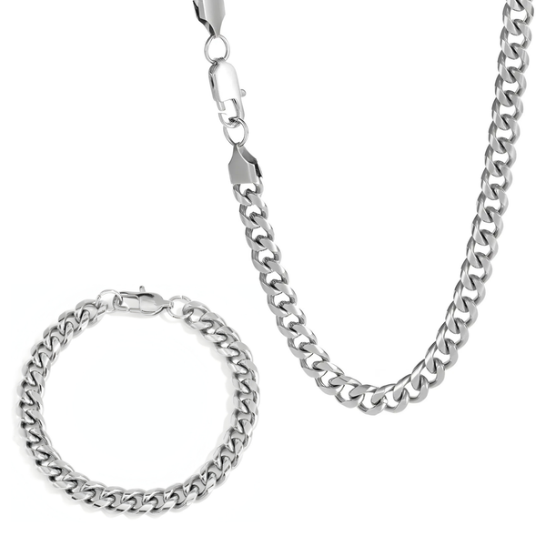 6mm silver Miami Cuban chain and bracelet set displayed together
