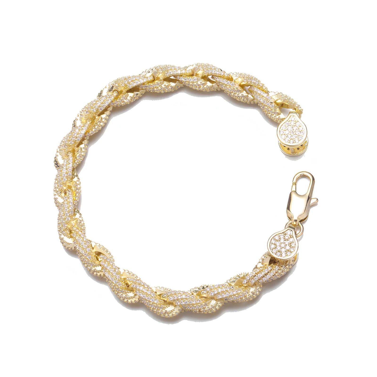 A gold-toned braided chain bracelet paved with small clear stones, shown on a plain white background. The bracelet has a lobster clasp closure and a small round charm.
