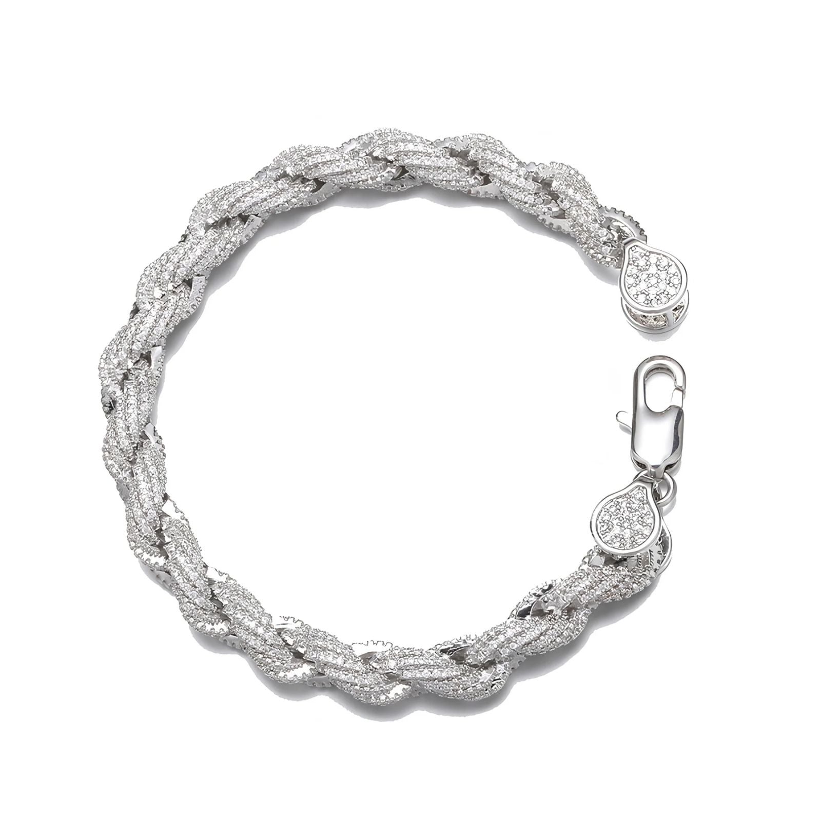 Silver bracelet with a rope design on a white background