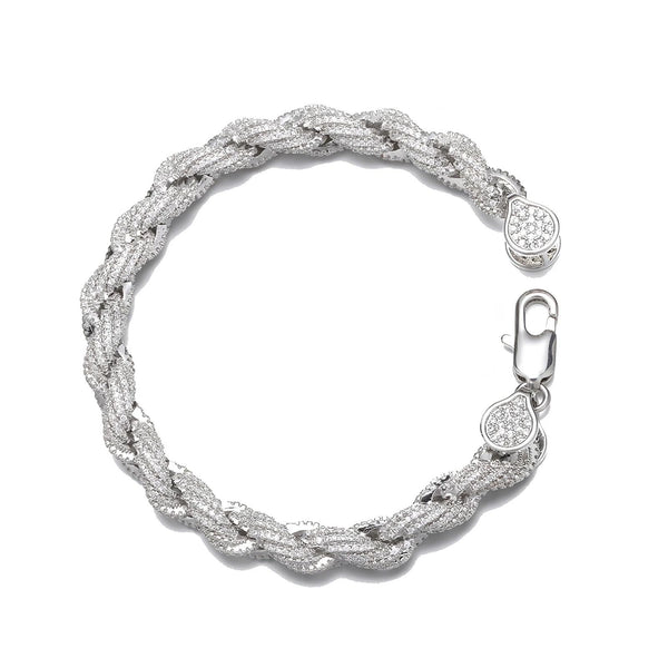 Silver bracelet with a rope design on a white background