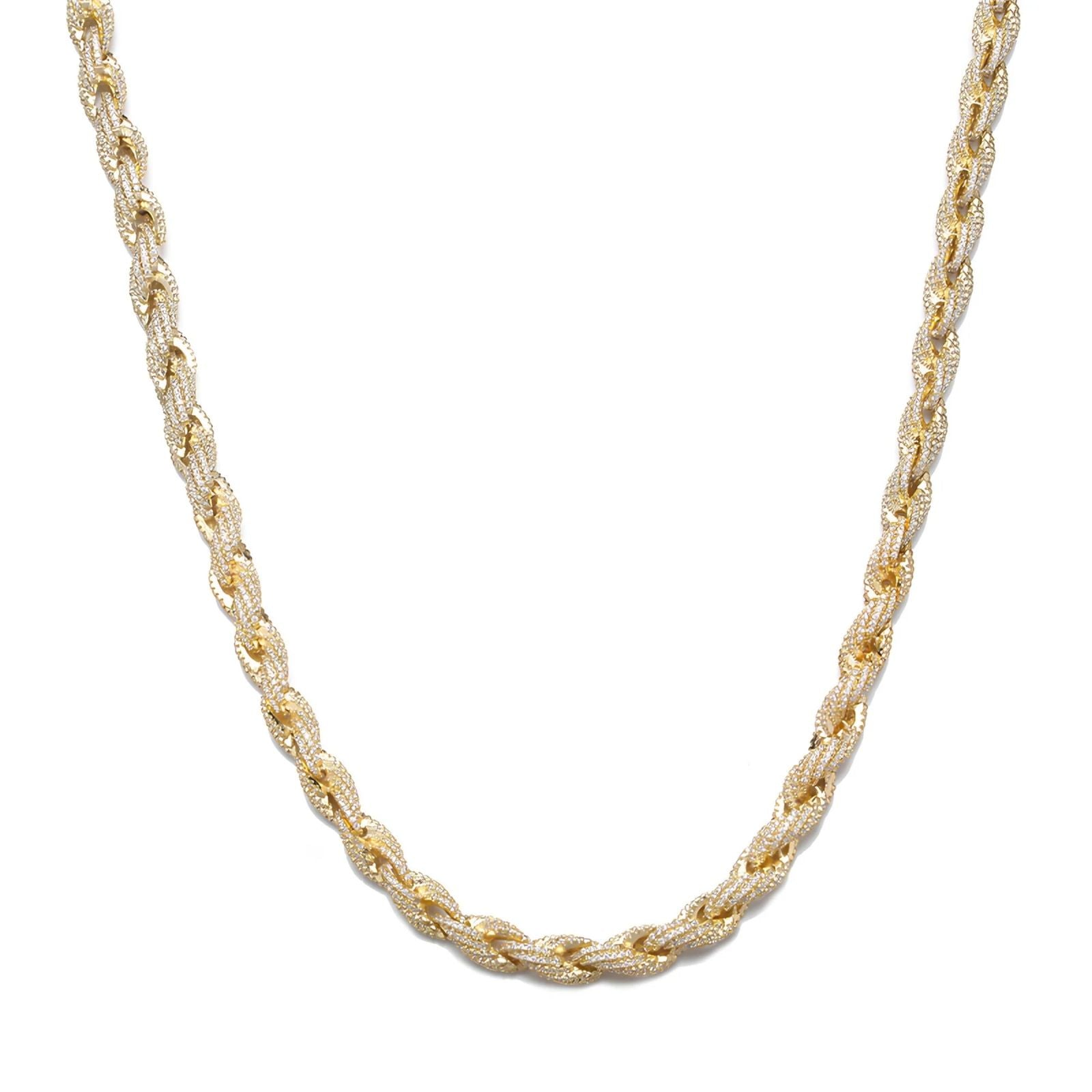 A gold-tone braided chain necklace with a textured, rope-like finish, displayed against a solid white background.