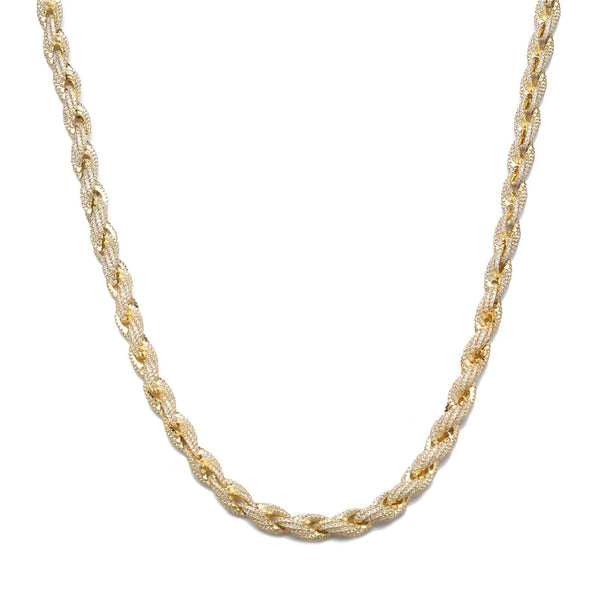 A gold-tone braided chain necklace with a textured, rope-like finish, displayed against a solid white background.