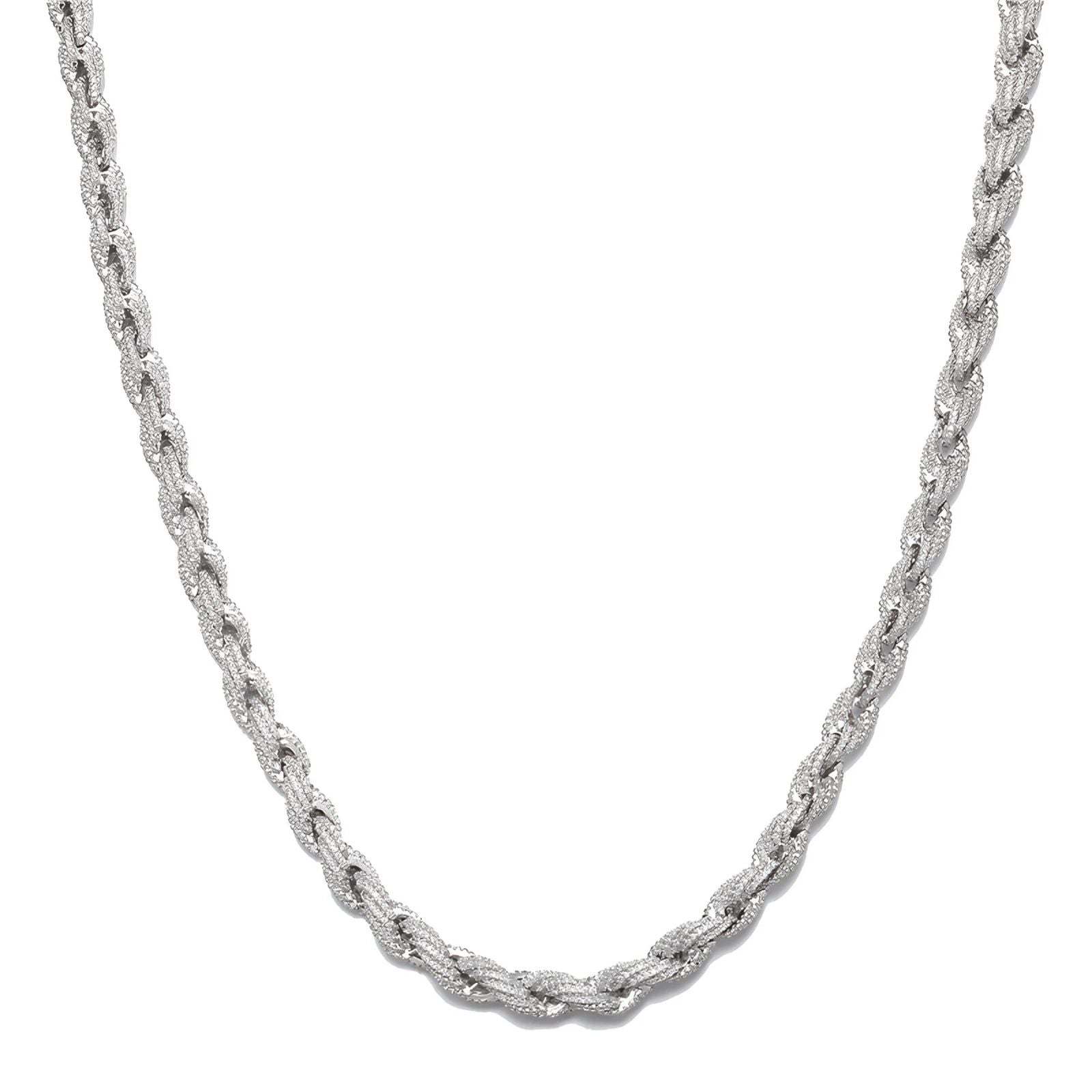 Silver rope chain necklace on a white background