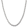 Silver rope chain necklace on a white background