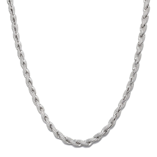 Silver rope chain necklace on a white background
